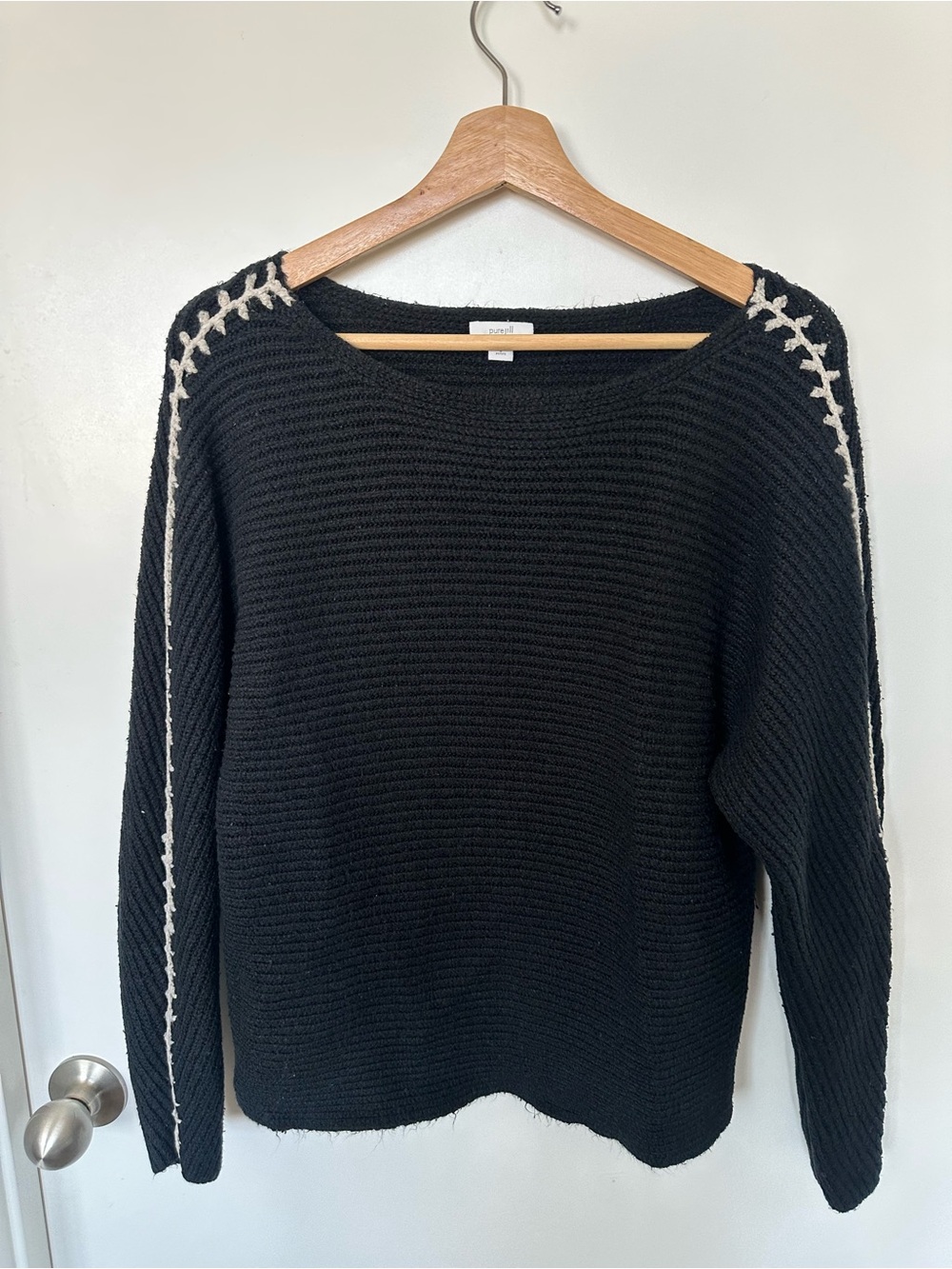 Pure Jill Black Knit Sweater Cream Embroidered Stitch Detail Size S Boho